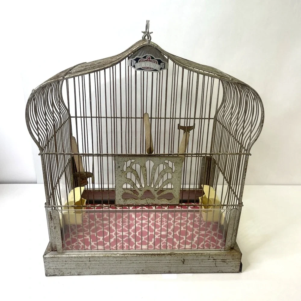 Vintage CROWN Wire Bird Cage w Original Feeder Trays &‎ Slide Tray Hang Hook